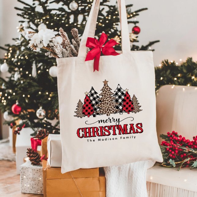 Merry Christmas Tree Leopard & Buffalo Plaid Tote Bag (Creator Uploaded)