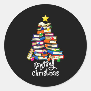 Merry Christmas Tree Love Reading Books Librarian  Classic Round Sticker
