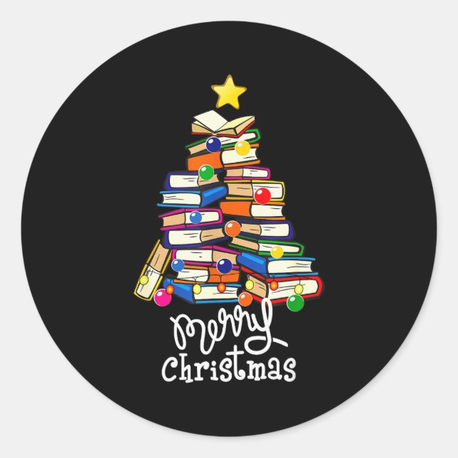 Merry Christmas Tree Love Reading Books Librarian  Classic Round Sticker (Front)
