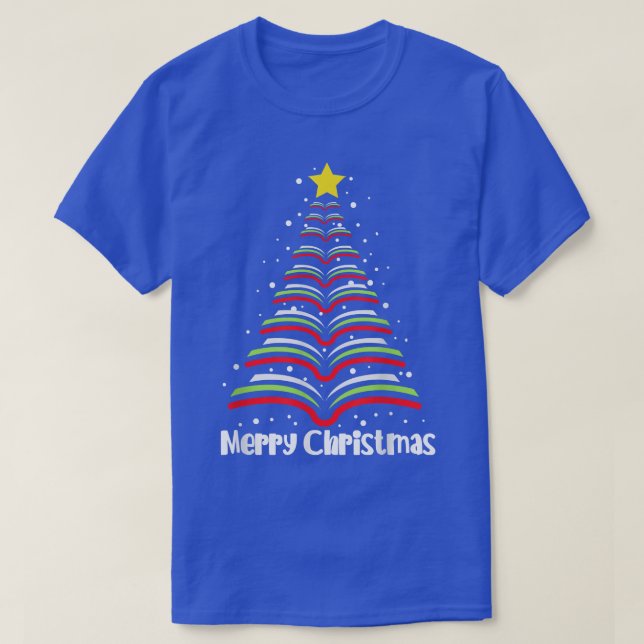 Merry Christmas Tree Love Reading Books Librarian  T-Shirt (Design Front)