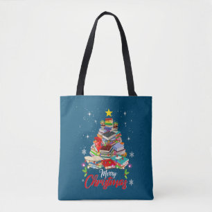 Merry Christmas Tree Love Reading Books Librarian Tote Bag