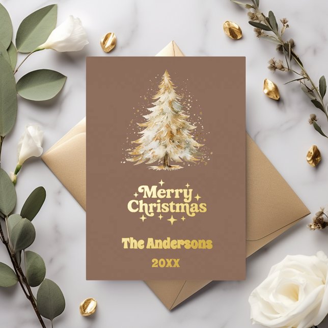 Merry Christmas tree mocha photo year in review Foil Holiday Card (Creator Uploaded)