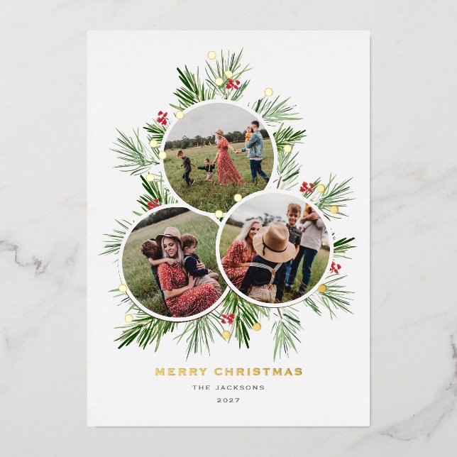 Merry Christmas Tree Multi Photo Foil Holiday Card (Front)