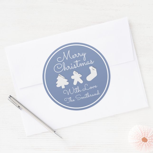 Merry Christmas Tree Name Blue White Framed  Classic Round Sticker (Envelope)