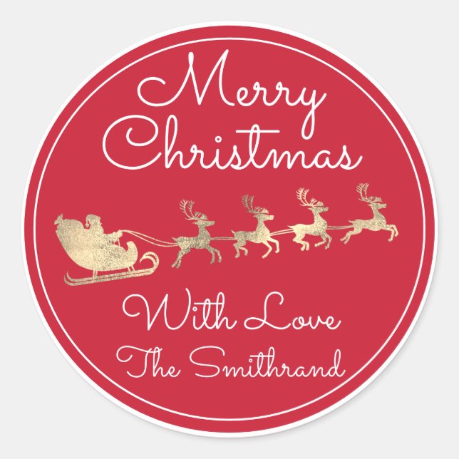 Merry Christmas Tree Name Gold Santa Sleigh Deer Classic Round Sticker (Front)