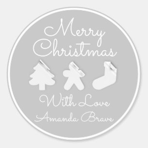 Merry Christmas Tree Name Grey White Famed Classic Round Sticker