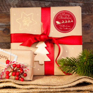 Merry Christmas Tree Name Red Gold Santa Sleigh  Classic Round Sticker