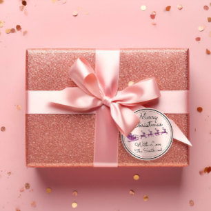 Merry Christmas Tree Name Rose Santa Sleigh Purple Classic Round Sticker