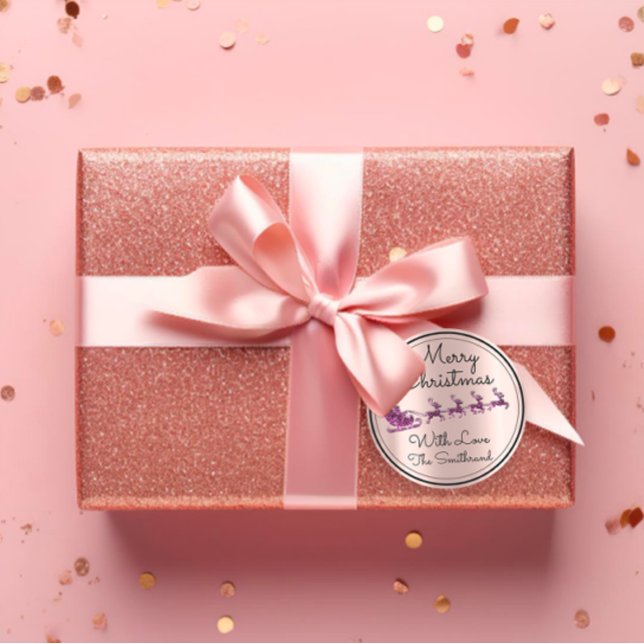 Merry Christmas Tree Name Rose Santa Sleigh Purple Classic Round Sticker (Merry Christmas Tree Name Rose Santa Sleigh Purple Classic Round Sticke)