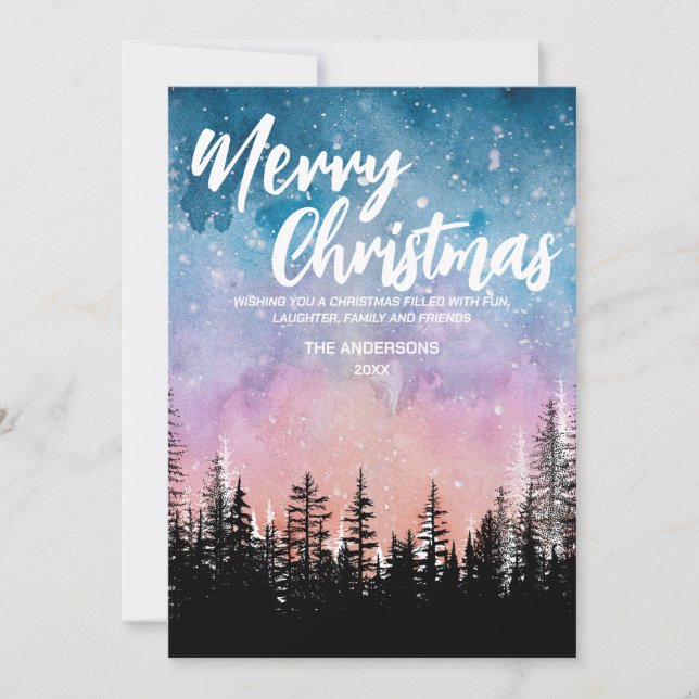 Merry Christmas tree Night gradient script forest Holiday Card (Front)