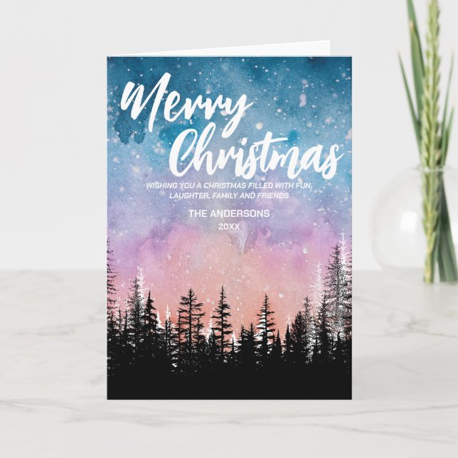 Merry Christmas tree Night gradient script forest Holiday Card (Front)