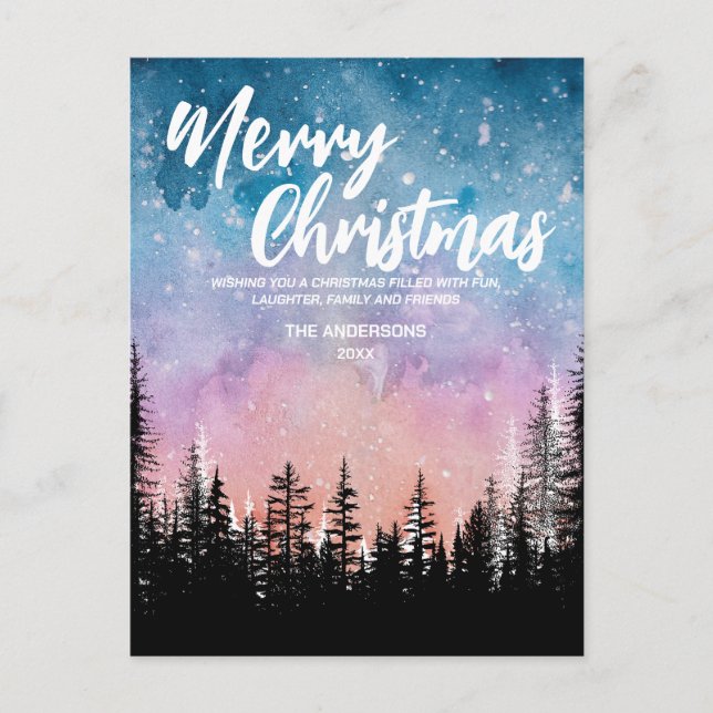 Merry Christmas tree Night gradient script forest Holiday Postcard (Front)
