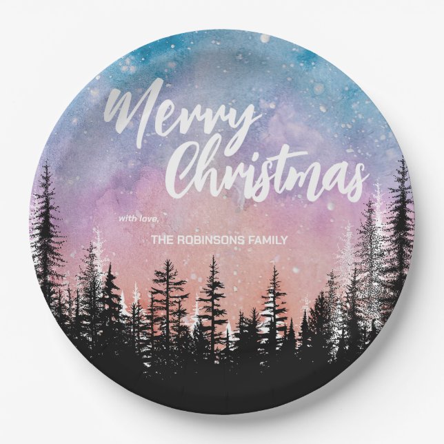 Merry Christmas tree Night gradient script forest  Paper Plate (Front)