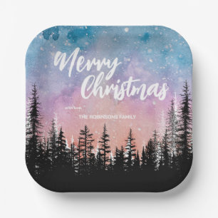 Merry Christmas tree Night gradient script forest Paper Plate