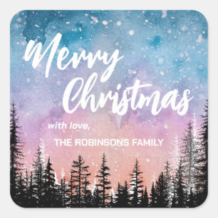Merry Christmas tree Night gradient script forest Square Sticker