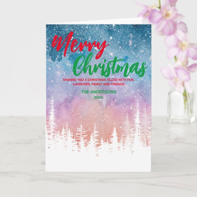 Merry Christmas tree Night red green script forest Card (Orchid)