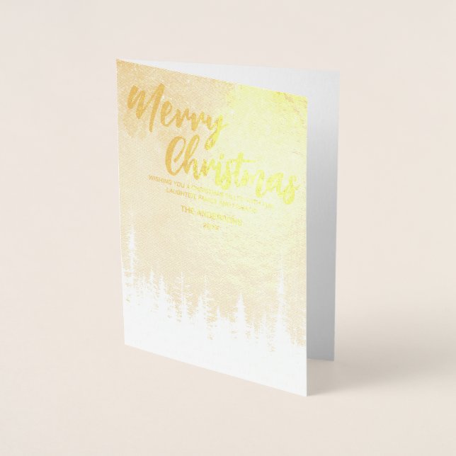 Merry Christmas tree Night red green script forest Foil Card (Front)
