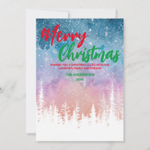 Merry Christmas tree Night red green script forest Holiday Card