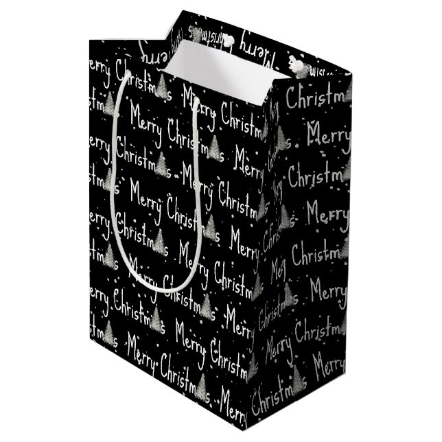 Merry Christmas Tree On Black Medium Gift Bag (Back Angled)