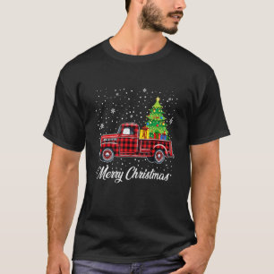 Merry Christmas Tree On Buffalo Plaid Truck Xmas T-Shirt