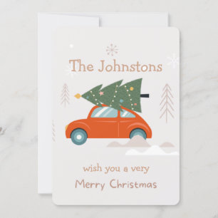 Merry Christmas Tree On Car Orange Green Design Holiday Card