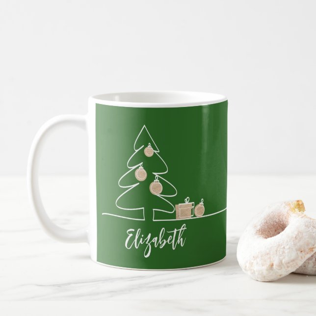 Merry Christmas Tree on Green Coffee Mug (With Donut)