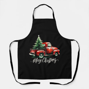 Merry Christmas Tree On Red Truck Vintage Family M Apron