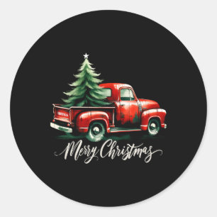 Merry Christmas Tree On Red Truck Wagon Xmas Vacat Classic Round Sticker