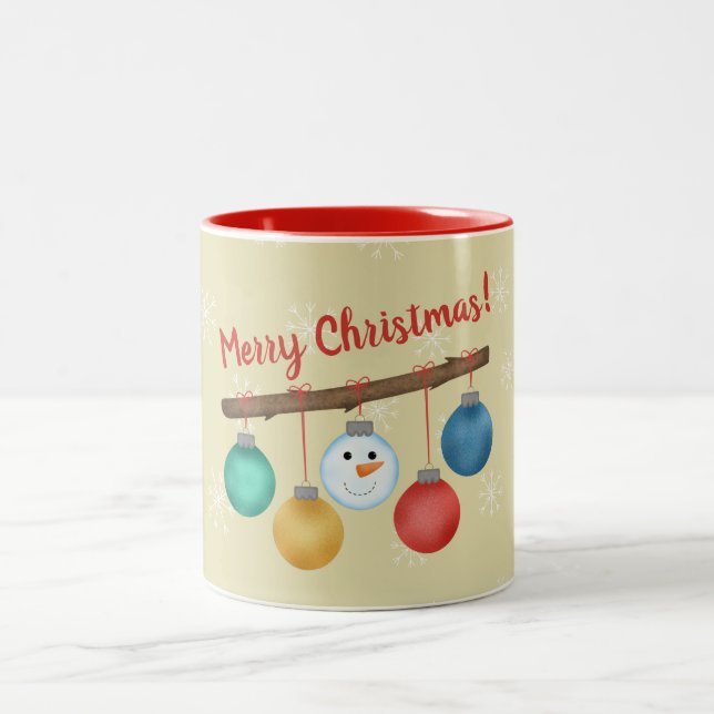 Merry Christmas tree ornaments on branch custom Two-Tone Coffee Mug (Center)