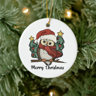 Merry Christmas Tree Owl Santa Hat Retro Ceramic Ornament