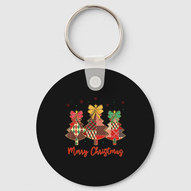 Merry Christmas Tree Patchwork Coquette Bow Xmas S Key Ring (Front)