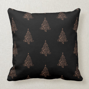 Merry Christmas Tree Pattern Black Brown Copper Cushion