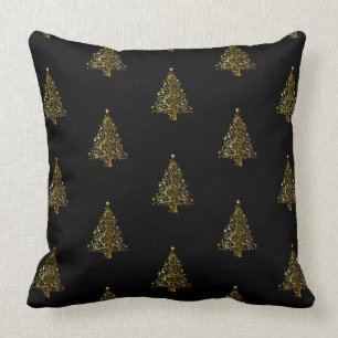 Merry Christmas Tree Pattern Black Gold Elegant Cushion