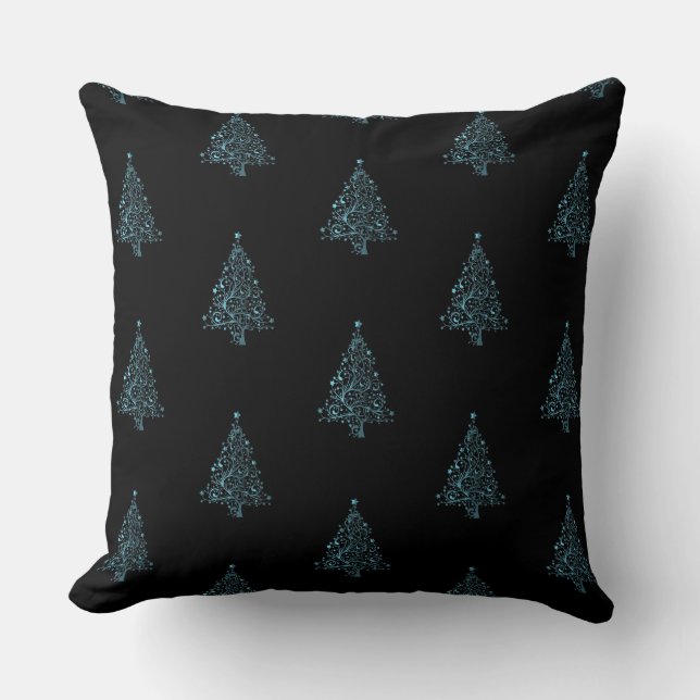 Merry Christmas Tree Pattern Black Metallic Blue Cushion (Front)