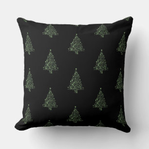 Merry Christmas Tree Pattern Black Metallic Green Cushion