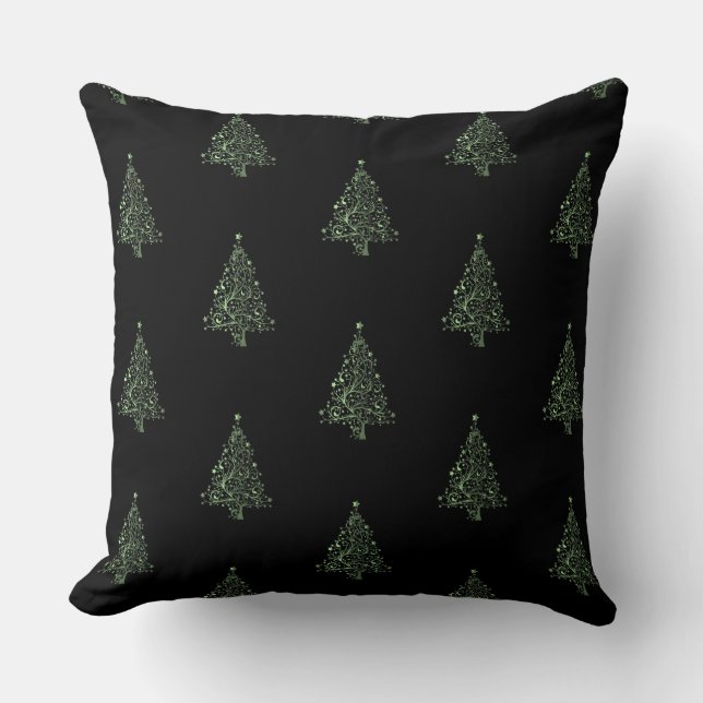 Merry Christmas Tree Pattern Black Metallic Green Cushion (Front)