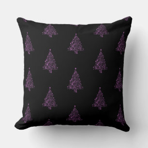 Merry Christmas Tree Pattern Black Metallic Pink Cushion