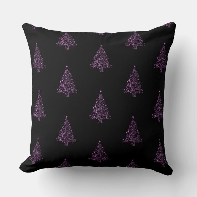 Merry Christmas Tree Pattern Black Metallic Pink Cushion (Front)