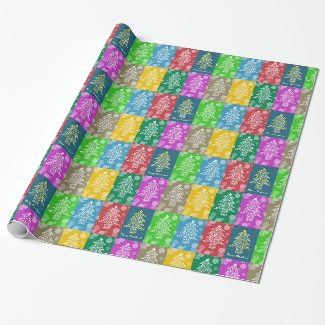 Merry Christmas Tree Pattern Colourful Twinkle Wrapping Paper (Unrolled)
