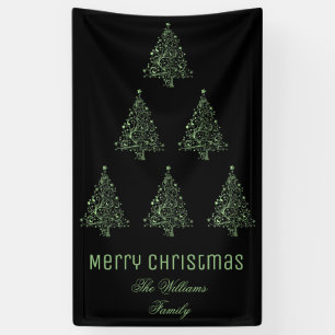 Merry Christmas Tree Pattern Metallic Green Black Banner