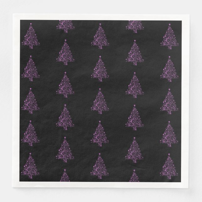 Merry Christmas Tree Pattern Pink Black Elegant Napkin (Front)