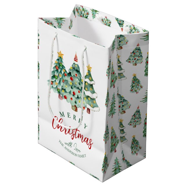 Merry Christmas tree pattern white green winter Medium Gift Bag (Front Angled)