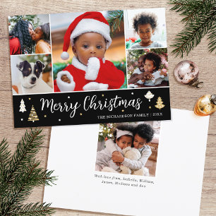 Merry Christmas Tree Photo Collage Black Flat Holiday Card