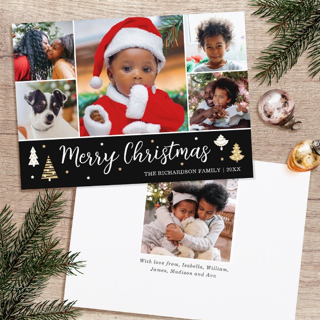 Merry Christmas Tree Photo Collage Black Flat Holiday Card (Creator Uploaded)