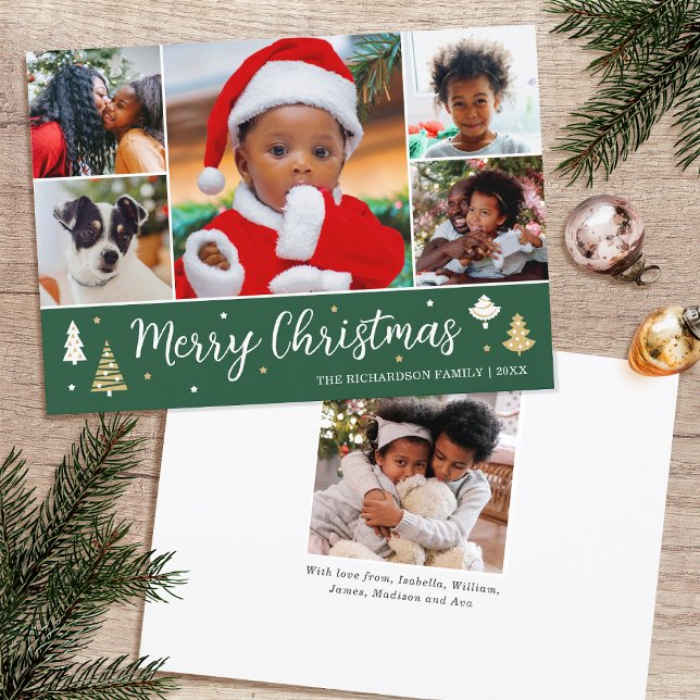 Merry Christmas Tree Photo Collage Dark Green Flat Holiday Card (Creator Uploaded)