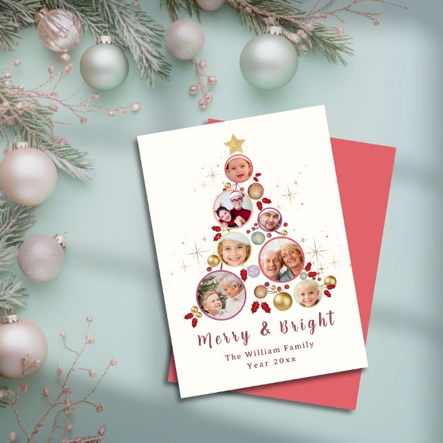 Merry Christmas Tree Photo Collage Gold Star Holiday Card (Merry Christmas Tree Photo Collage Gold Star Holiday Card)