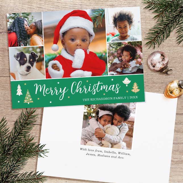 Merry Christmas Tree Photo Collage Green Flat Holiday Card (Creator Uploaded)