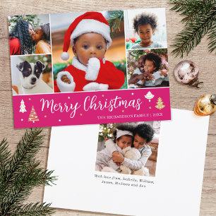 Merry Christmas Tree Photo Collage Pink Flat Holiday Card