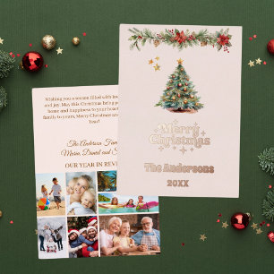 Merry Christmas tree photo year review rose gold Foil Holiday Card