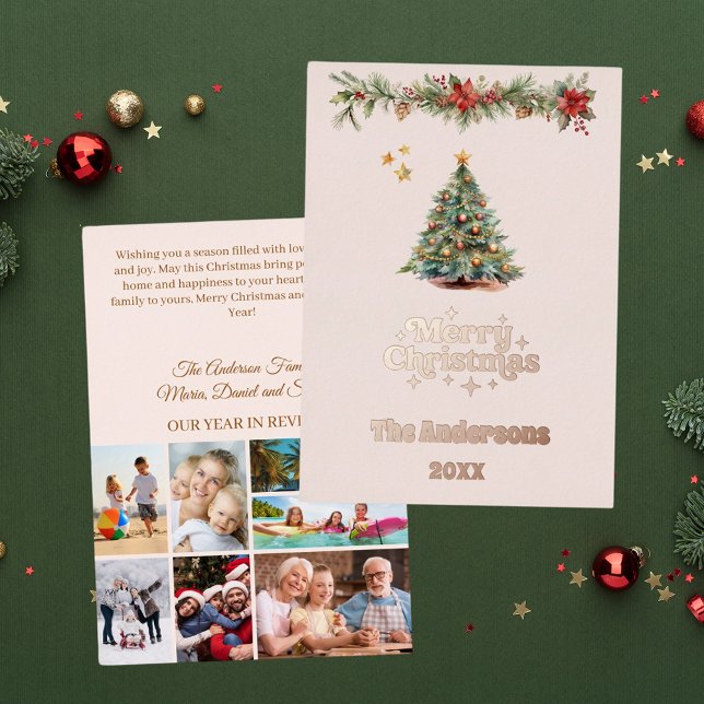 Merry Christmas tree photo year review rose gold Foil Holiday Card (Creator Uploaded)